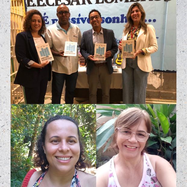 Na primeira imagem, o diretor Marcos Fernandes Rafael, da EE César Lombroso, apresenta para equioe da SEE/MG o livro produzido por alunos do sistema prisional. Da esquerda para direita, as diretoras Carolina Rodrigues, da EE Carlos Henrique Ribeiro dos Santos, e Maria Luiza Chaves, da EE Frei Rogato. Fotos: Marcilene Maia e Arquivo Pessoal.